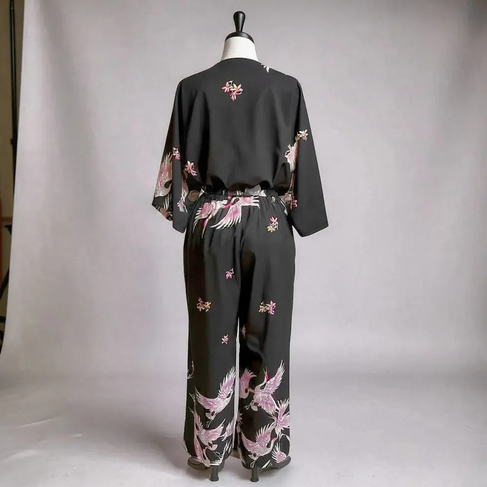 Luxe Blush and Black Blossom and Crane Print Kimono Style Junpsuit - Picture 3 of 4